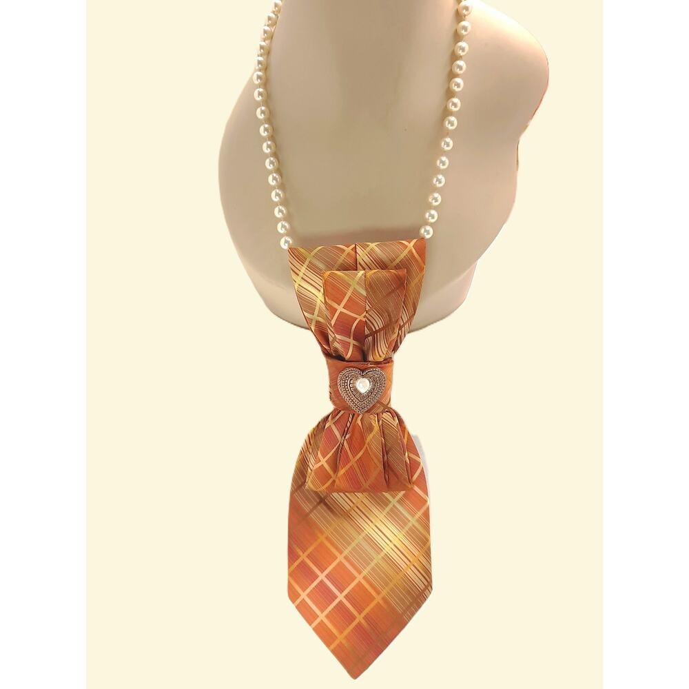 Artisan Vintage Tie Necklace Striped Heart Jewel Beaded Strand Faux Pearls NEW